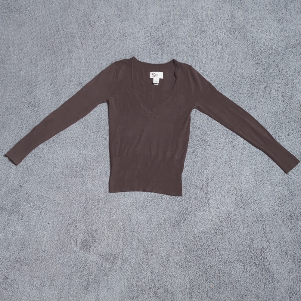 Chocolate V-Neck Sweater with Ribbing